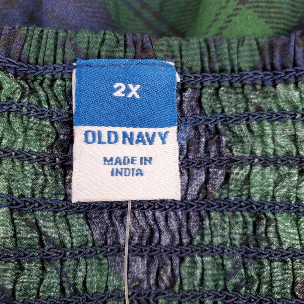 Old Navy Womens 2X Blue Green Plaid Puff Sleeve Peplum Smocked Top 100% Cotton